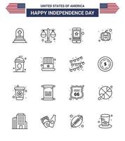 Happy Independence Day 16 Lines Icon Pack for Web and Print cole usa festival cell pumpkin phone Editable USA Day Vector Design Elements
