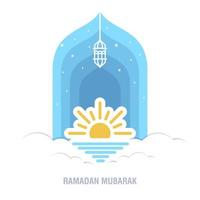 Ramadan Kareem islamic design crescent moon and mosque dome silhouette with arabic pattern and calligraphy vector