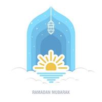 Ramadan Kareem islamic design crescent moon and mosque dome silhouette with arabic pattern and calligraphy vector