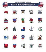 Editable Vector Flat Filled Line Pack of USA Day 25 Simple Flat Filled Lines of instrument white bell usa house Editable USA Day Vector Design Elements