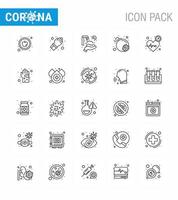Corona virus 2019 and 2020 epidemic 25 line icon pack such as time heart protect hands beat bomb viral coronavirus 2019nov disease Vector Design Elements