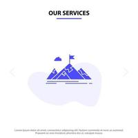 Our Services Achievement Aim Business Goal Mission Mountains Target Solid Glyph Icon Web card Template vector