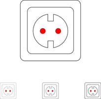 enchufe de energía eléctrica toma de corriente negrita y conjunto de iconos de línea negra delgada vector