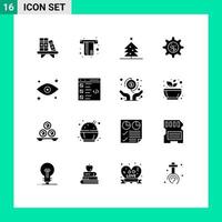 Pack of 16 Modern Solid Glyphs Signs and Symbols for Web Print Media such as check eyes tree eye gear Editable Vector Design Elements