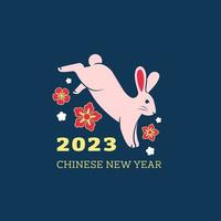 Chinese new year card. Chinese rabbit with flowers. Flat vector illustration.