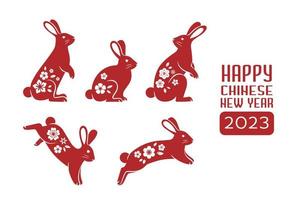 Chinese rabbits set. Chinese lunar new year animal with flowers ornaments. vector