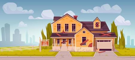 Old broken suburban house with garage for sale vector