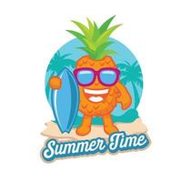dibujos animados de piña piña de dibujos animados lleva una tabla de surf y un vaso de jugo listo para el verano, bueno para el diseño de camisetas y pegatinas