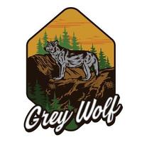 Grey Wolf vector illustration with pine tree in the mountain, perfect for t shirt design and adventure club  logo design