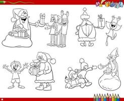 cartoon Santa Clauses giving Christmas gifts to kids coloring page vector