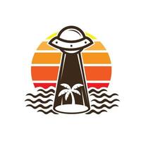 Sunset beach icon with palm tree and ufo vector illustration, perfect for t shirt design