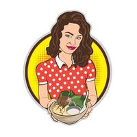 mujeres con ilustraciones de vectores de comida vegana, perfectas para el patio de comidas y el diseño del logotipo del restaurante de comida rápida