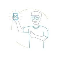 a man holding a phone with a big green checkmark on the screen in line draw style icon vector