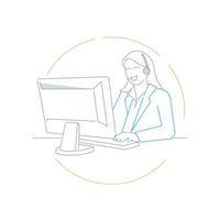 A help desk person on the computer with a customer in line draw style icon vector