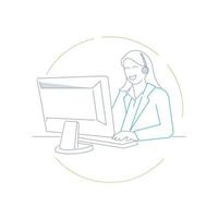 A help desk person on the computer with a customer in line draw style icon vector