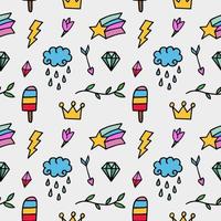 Vector pattern from colored whimsical doodles, seamless texture, abstract background