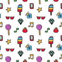 Vector pattern from colored whimsical doodles, seamless texture, abstract background