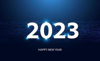 feliz año nuevo 2023 diseño, estilo tecnológico, color azul sobre fondo moderno. vector