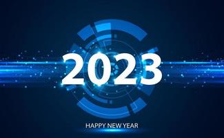 feliz año nuevo 2023 diseño, estilo tecnológico, color azul sobre fondo moderno. vector