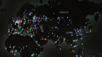 mapa mundial con diferentes objetivos para ataques cibernéticos. concepto de piratería y tecnología. fotografía macro en los píxeles del monitor video