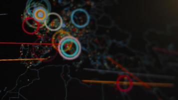 World map with different targets for cyber attack. Hacking and technology concept. Macro shooting at monitor pixels video