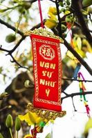 Vietnamese and Chinese New Year decoration on a background of yellow flowers. The inscription is translated - Great Consciousness. Hue, Vietnam. photo
