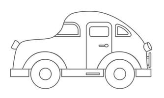 Coche de juguete para bebé. ilustración vectorial para el diseño de niños en estilo de contorno. automóvil antiguo para juegos infantiles en colores blanco y negro sobre fondo aislado. dibujo de linda máquina para icono vector