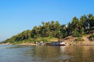vistas a la orilla del río con botes de cola larga, palmeras y casas de gente local. río mekong, luang prabang, laos. foto