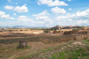 Panoramic view on Plain of Jars - unique archaeological landscape destroyed from cluster bombs. Phonsovan, Xieng Khouang Province, Laos. photo