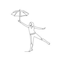 Vector illustration of woman with umbrella drawn in line-art style