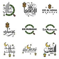 conjunto de 9 vectores eid mubarak feliz eid para ti en estilo de caligrafía árabe guión rizado con estrellas lámpara luna