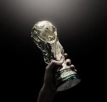 Bangkok Thailand. July 15 2018. Mock Up of the FIFA World Cup Trophy in hand photo