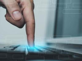 Pointing finger hand body part person human cheerful keyboard computer notebook laptop technology digital online communication blue flare element copy space empty work occupation touchscreen device photo