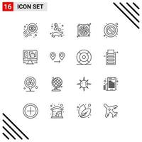 Pack of 16 Modern Outlines Signs and Symbols for Web Print Media such as window computer casing warning forbidden Editable Vector Design Elements