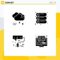 4 Thematic Vector Solid Glyphs and Editable Symbols of cloud raining roller rainy weather printing elearning Editable Vector Design Elements