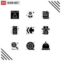 Pack of 9 Modern Solid Glyphs Signs and Symbols for Web Print Media such as left arrows gear more detail Editable Vector Design Elements