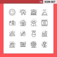 Group of 16 Modern Outlines Set for restaurant dish weather place fire Editable Vector Design Elements