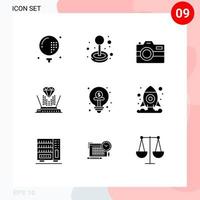 Pack of 9 Modern Solid Glyphs Signs and Symbols for Web Print Media such as business technology play projection technology Editable Vector Design Elements