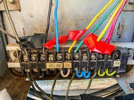 Large wide cable with multicolored red and green wires and connectors and terminals in the wiring repair shop and electricians for connecting and transmitting electricity and digital signals photo