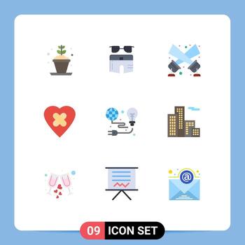 conjunto moderno de 9 pictogramas de colores planos de elementos de diseño de vector editables de luz de disco de corazón de pantalón de parche verde