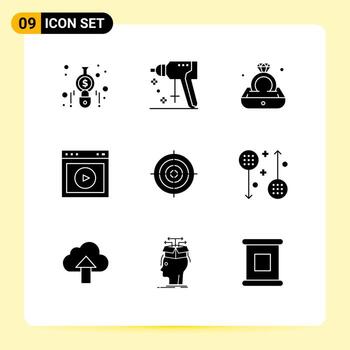 User Interface Pack of 9 Basic Solid Glyphs of target web diamond ux play Editable Vector Design Elements