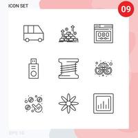 Universal Icon Symbols Group of 9 Modern Outlines of bobbin flash drive growth disk web Editable Vector Design Elements