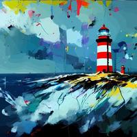 Grunge Splatter Lighthouse Landscape Scene