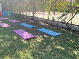 Rolled Yoga mat on green grass in summer, close up and top view. Fitness concept photo