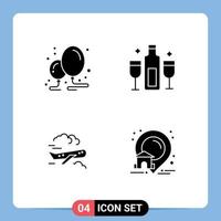 Mobile Interface Solid Glyph Set of 4 Pictograms of balloon air party celebration airplane Editable Vector Design Elements