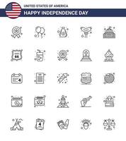 Set of 25 Vector Lines on 4th July USA Independence Day such as house place dollar sausage food Editable USA Day Vector Design Elements