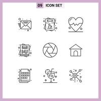 Universal Icon Symbols Group of 9 Modern Outlines of photo camera beat aperture love Editable Vector Design Elements