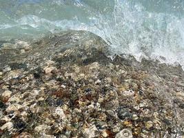 Small pebbles and wet sand on the sea beach water line photo