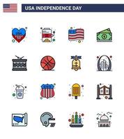 Modern Set of 16 Flat Filled Lines and symbols on USA Independence Day such as irish drum country usa money Editable USA Day Vector Design Elements