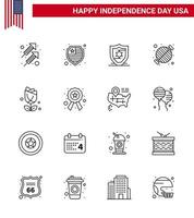 Happy Independence Day 4th July Set of 16 Lines American Pictograph of police plent barbecue usa flower Editable USA Day Vector Design Elements